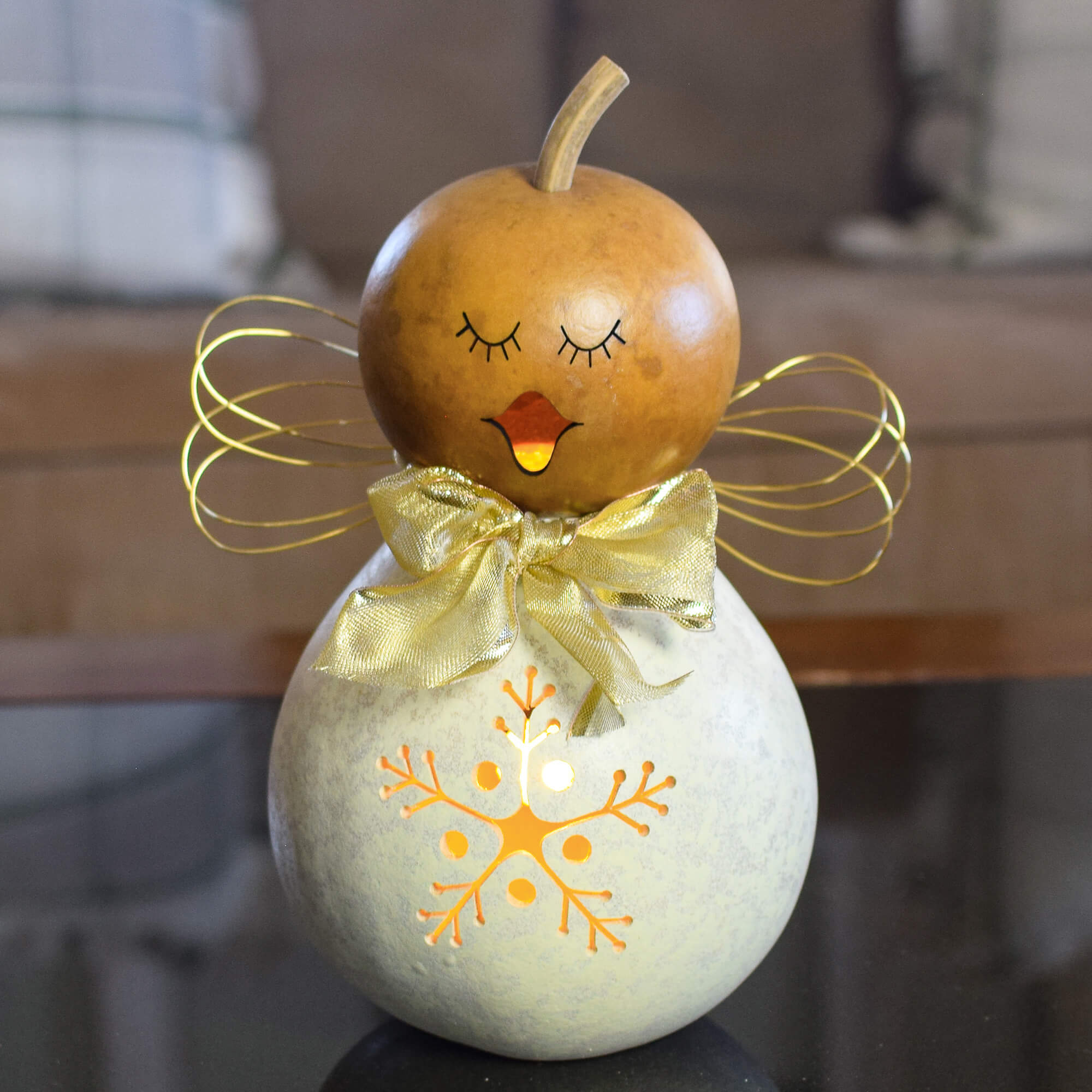 Julia - Small Lit Angel Winter Christmas Gourd Tabletop Decor