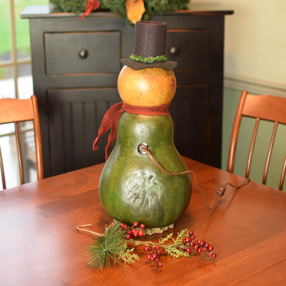 Large Lit Pinewood Snowman Gourd at Meadowbrooke Gourds. Back View