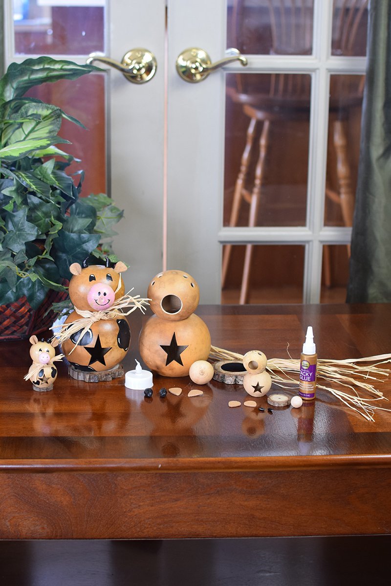 Nellie cow gourd kit finished and unfinished