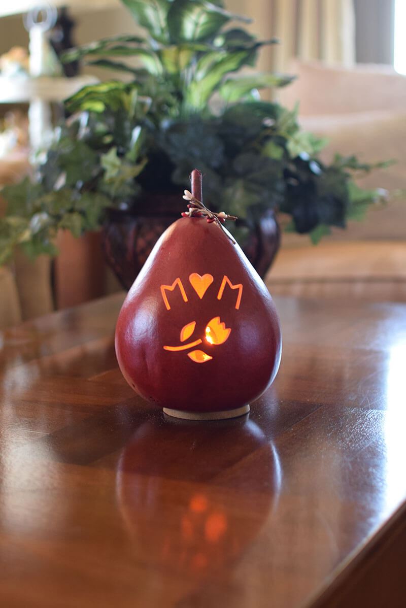 Lit Mom gourd at Meadowbrooke Gourds