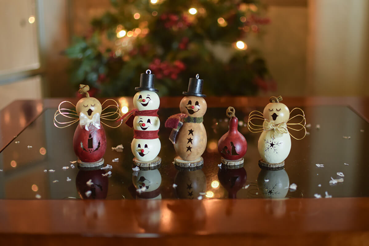 Little Winter Gourd Angels, Snowmen and Nativity Silhouette at Meadowbrooke Gourds. 