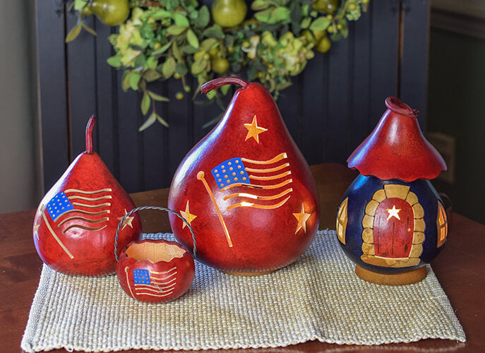 American Flag Gourds and Patriotic Cottage at Meadowbrooke Gourds. 