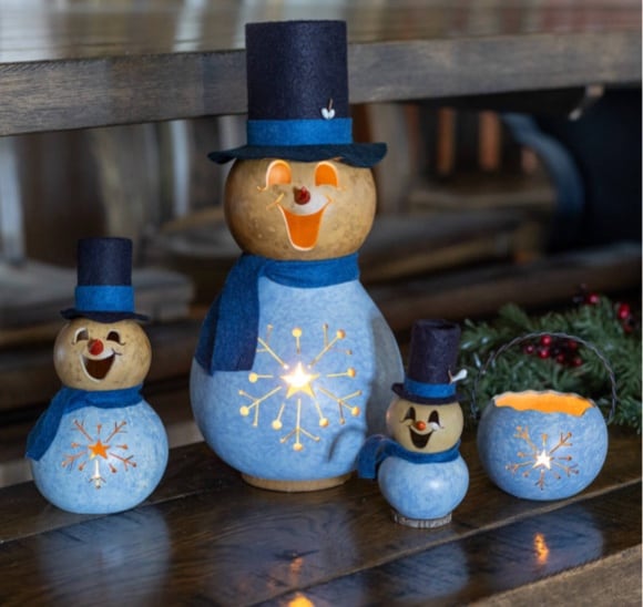 Gabriel Snowman Family and Snowflake Basket at Meadowbrooke Gourds. 