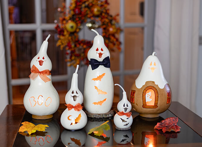 Jake Ghost Family and Ghost Cottage at Meadowbrooke Gourds. 
