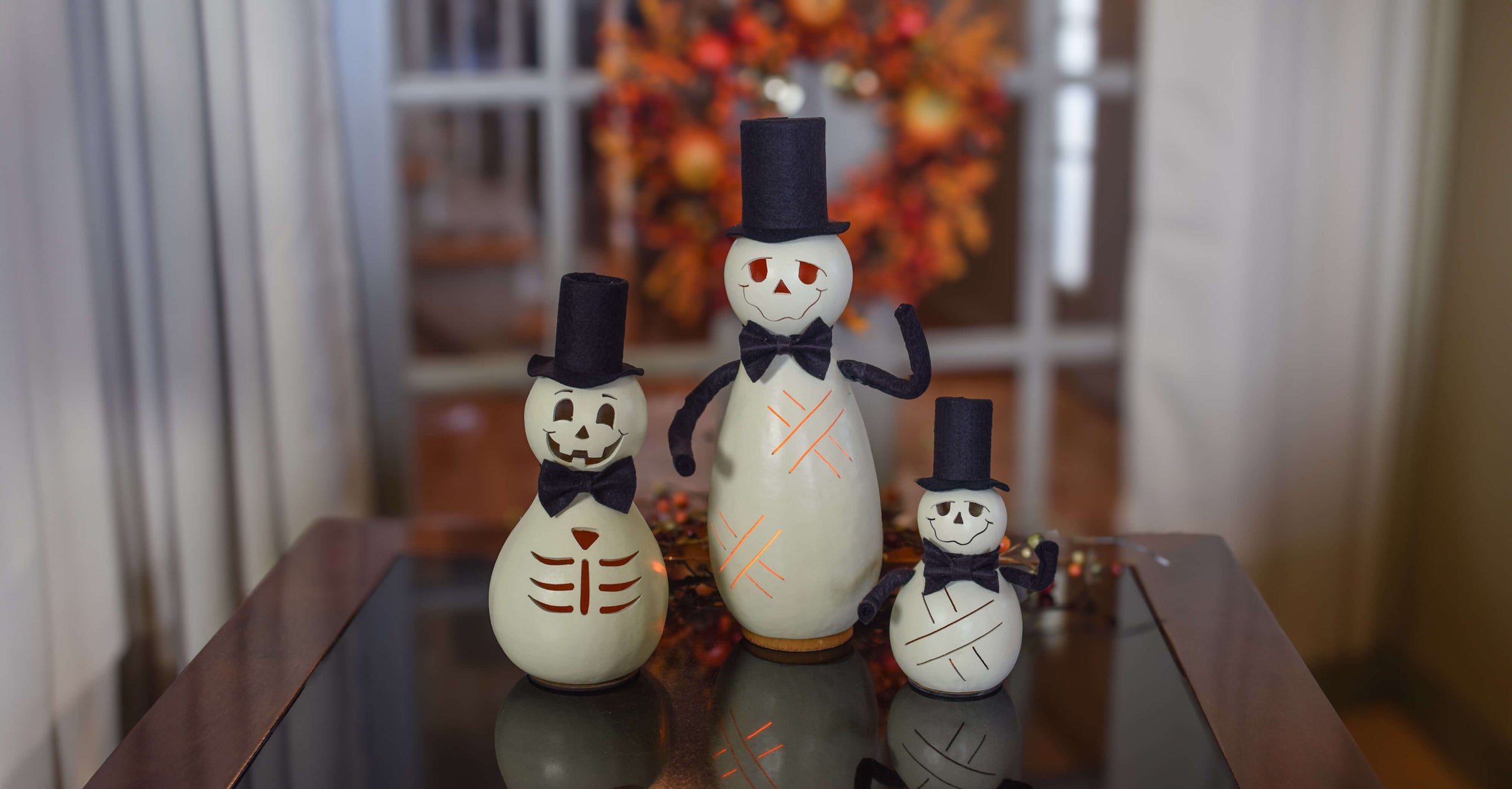 Skully Skeleton and Maverick Mummy Gourds at Meadowbrooke Gourds. 