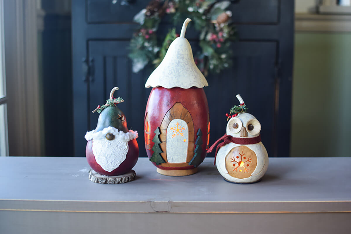 Noble Gnome, Winchester Cottage and Olwen Owl gourds are Meadowbrooke Gourds. 