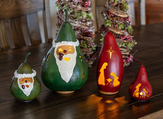 Saint Nick Santa and Nativity Silhouette Gourds at Meadowbrooke Gourds. 