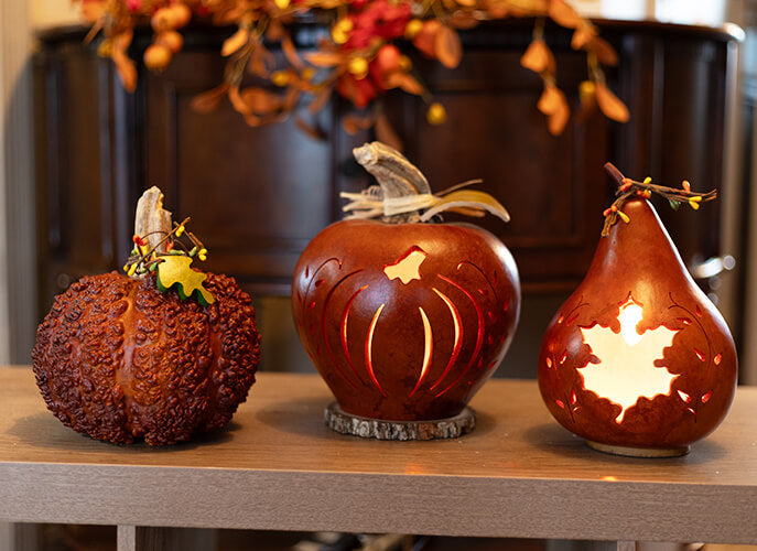 Textured Pumpkin, Pumpkin Silhouette and Leaf Silhouette Gourds at Meadowbrooke Gourds. 