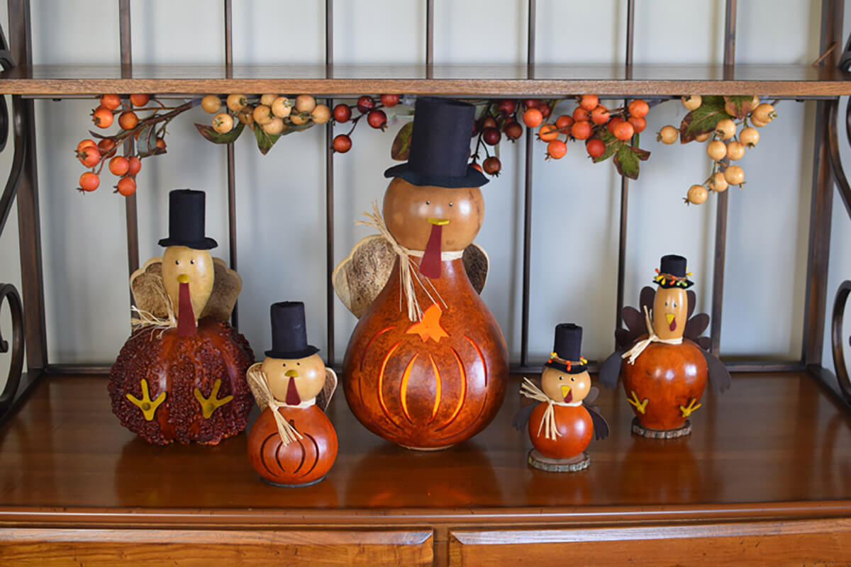 Theodore and Westley Gourd Turkeys at Meadowbrooke Gourds. 