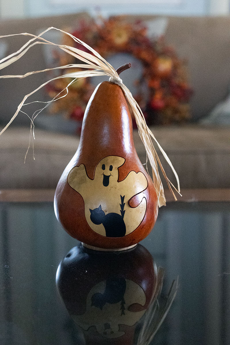 Boo Gourd with Ghost and Cat at Meadowbrooke Gourds. 