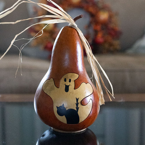 Boo Gourd with Ghost and Cat at Meadowbrooke Gourds. 