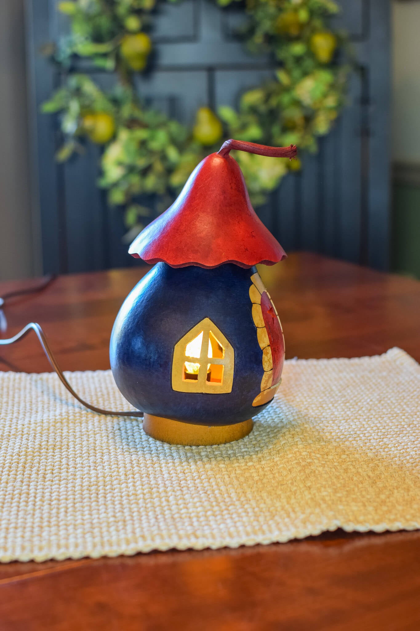 Patriotic Cottage Luminary gourd design , side view by Meadowbrooke Gourds