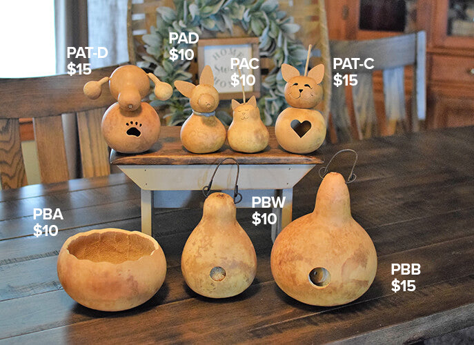 Samples of gourd creations for a class at Meadowbrooke Gourds