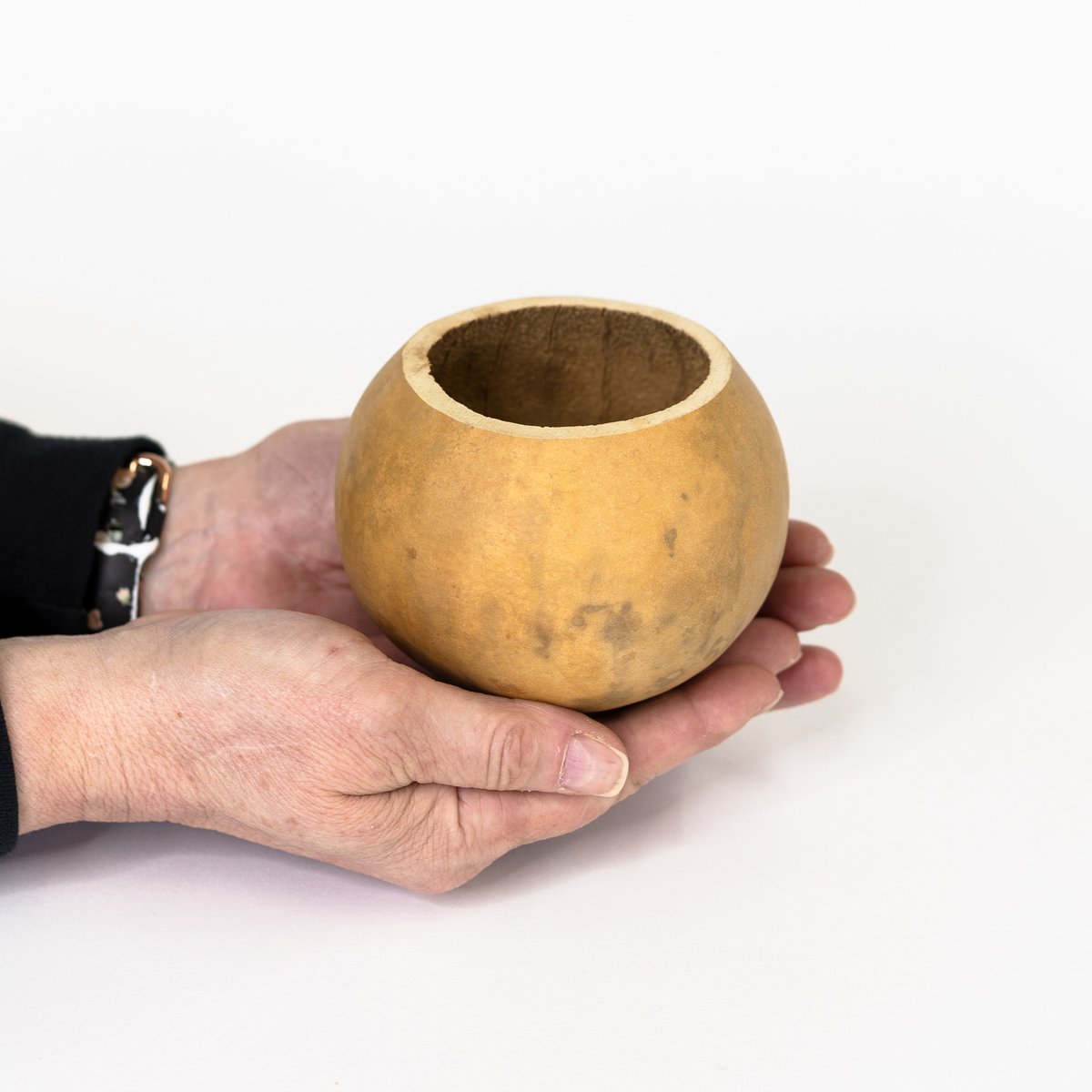 4 inch straight cut gourd bowl held in hands for size reference, amongst a white background at Meadowbrooke Gourds.