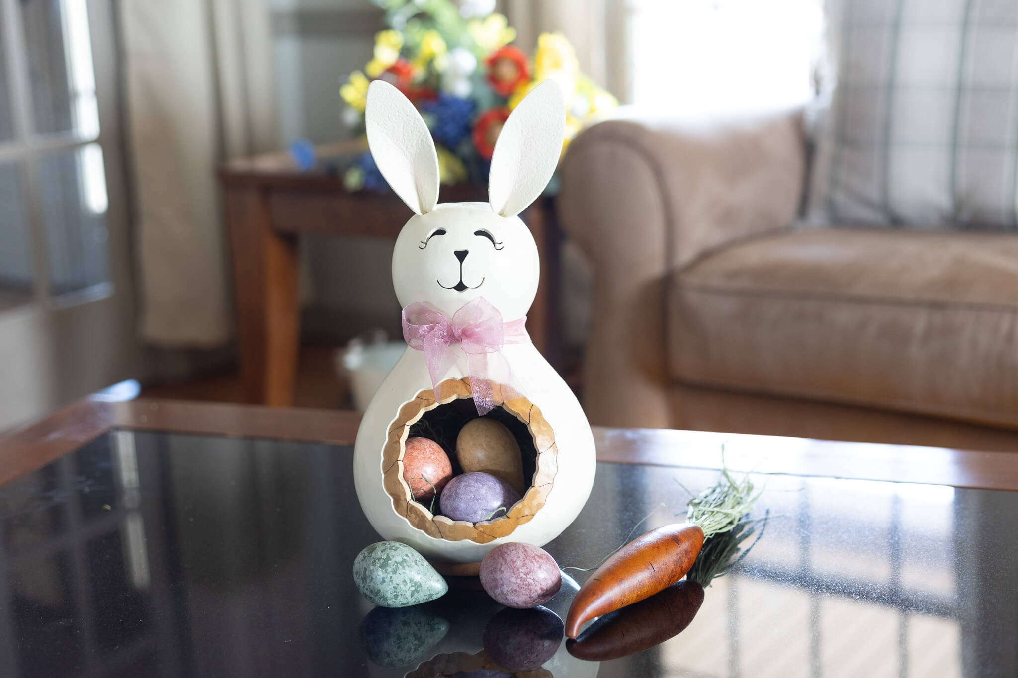 Poppy Bunny gourd candy dish, gourd carrot, and gourd easter eggs as part of Meadowbrooke Gourds' Spring Bundes