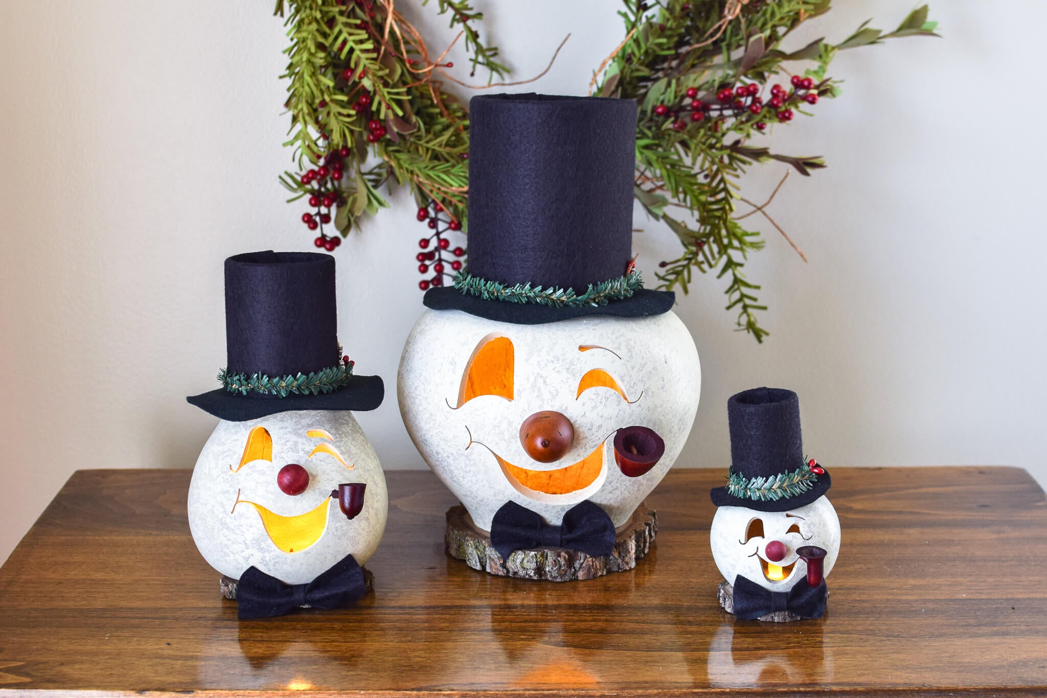 White Snowman head gourd luminary by Meadowbrooke Gourds