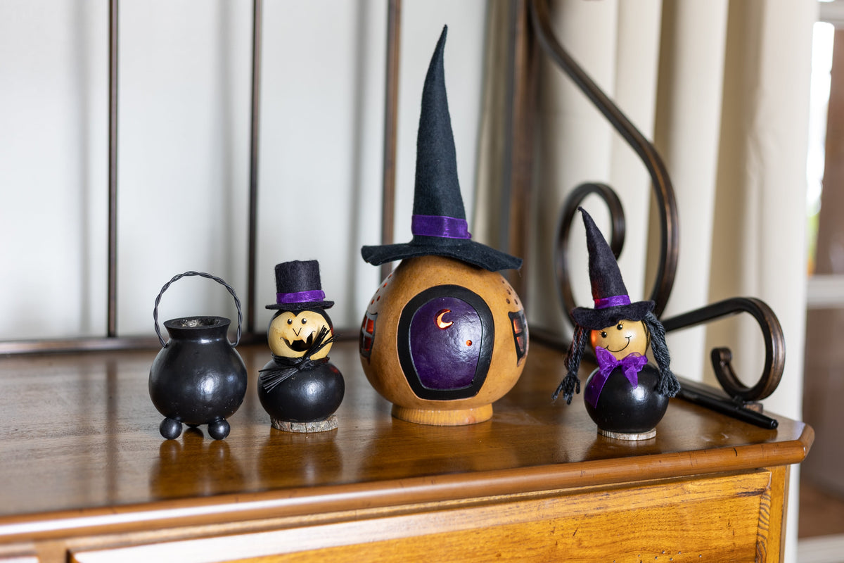 Cora Cinder Witch Cottage with Cauldron at Meadowbrooke Gourds.