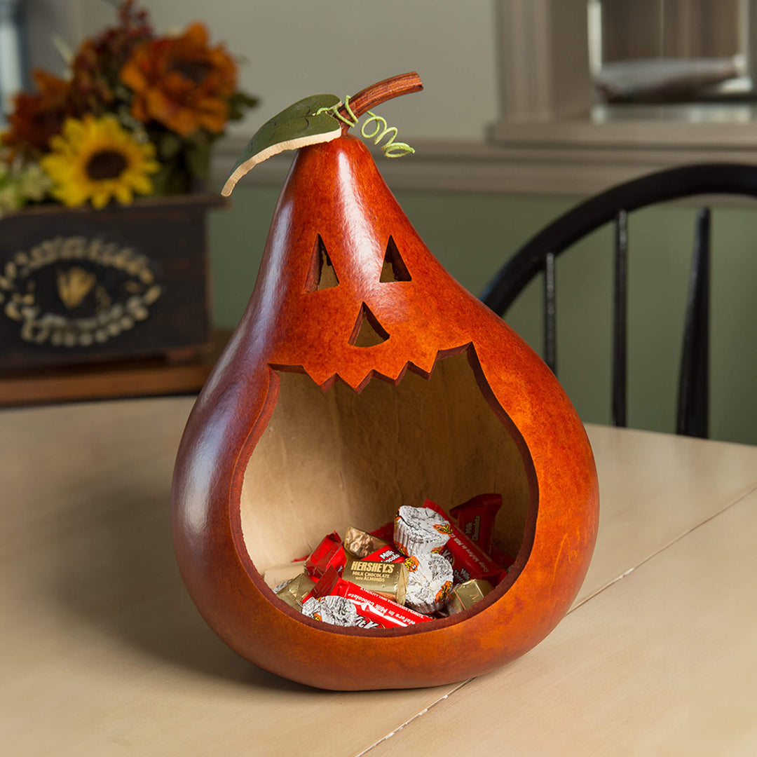 Jack o lantern candy dish gourd at Meadowbrooke Gourds