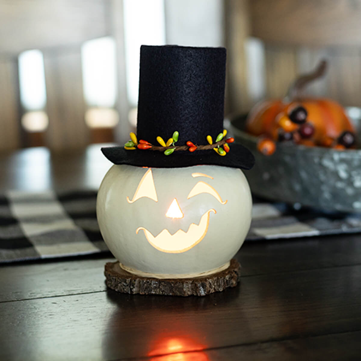 Fredrick Small Lit White Jack-O-Lantern Gourd at Meadowbrooke Gourds. 