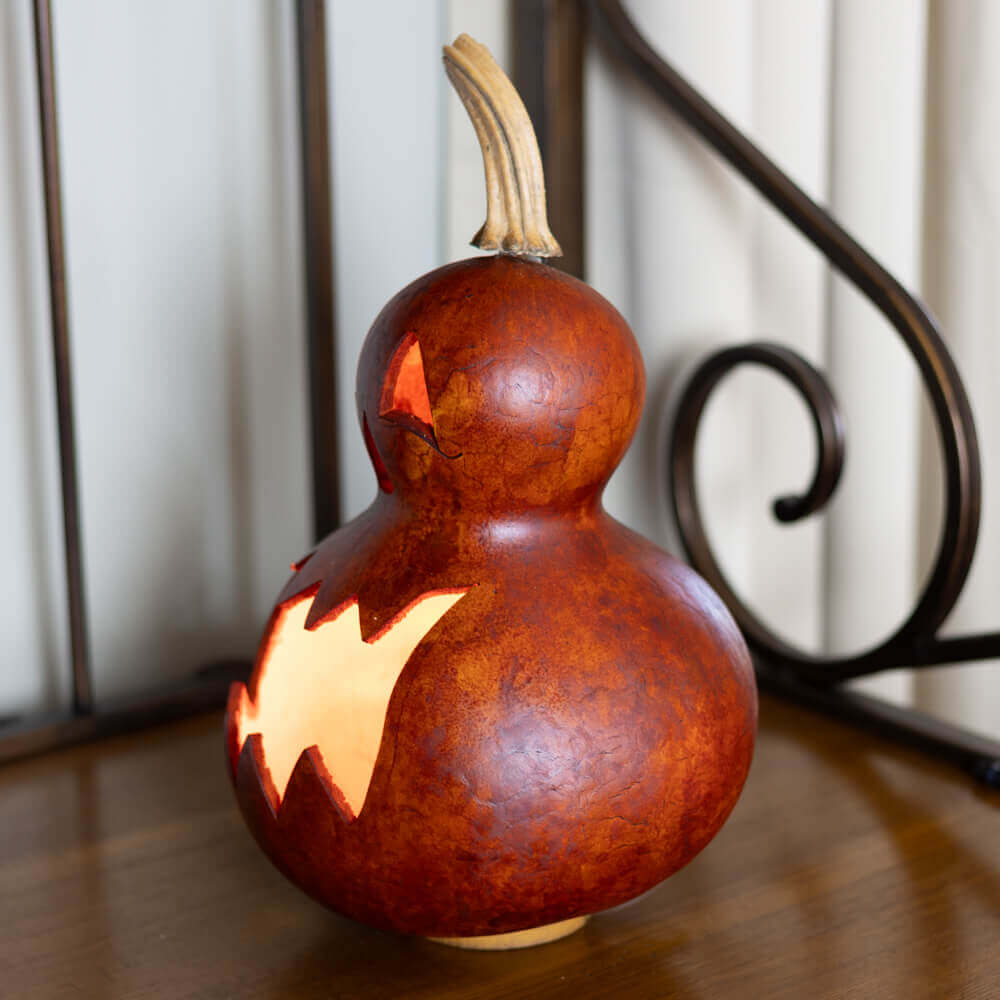 Killian Large Lit Jack-O-Lantern Gourd Side View at Meadowbrooke Gourds. 