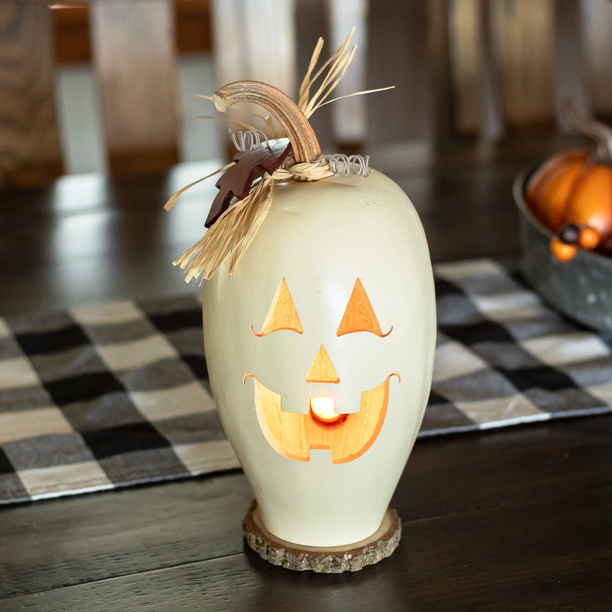 Lucas White Small Tall Lit Jack-O-Lantern front view at Meadowbrooke Gourds.