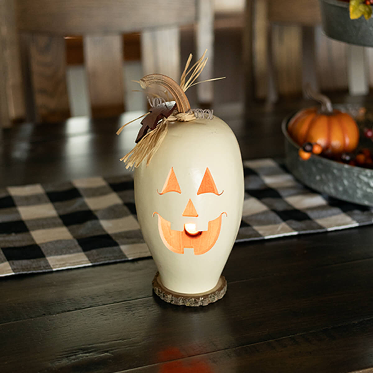 Lucas Small Tall Lit White Jack-O-Lantern Gourd at Meadowbrooke Gourds. 