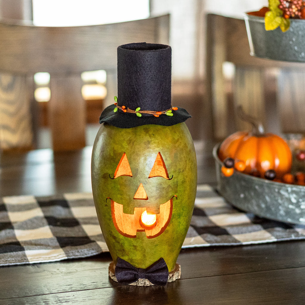 Lucas Green Small Tall Lit Jack-O-Lantern front view at Meadowbrooke Gourds.