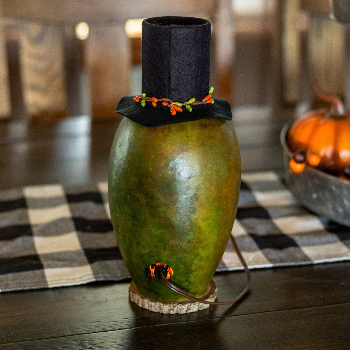 Lucas Green Small Tall Lit Jack-O-Lantern back view at Meadowbrooke Gourds.