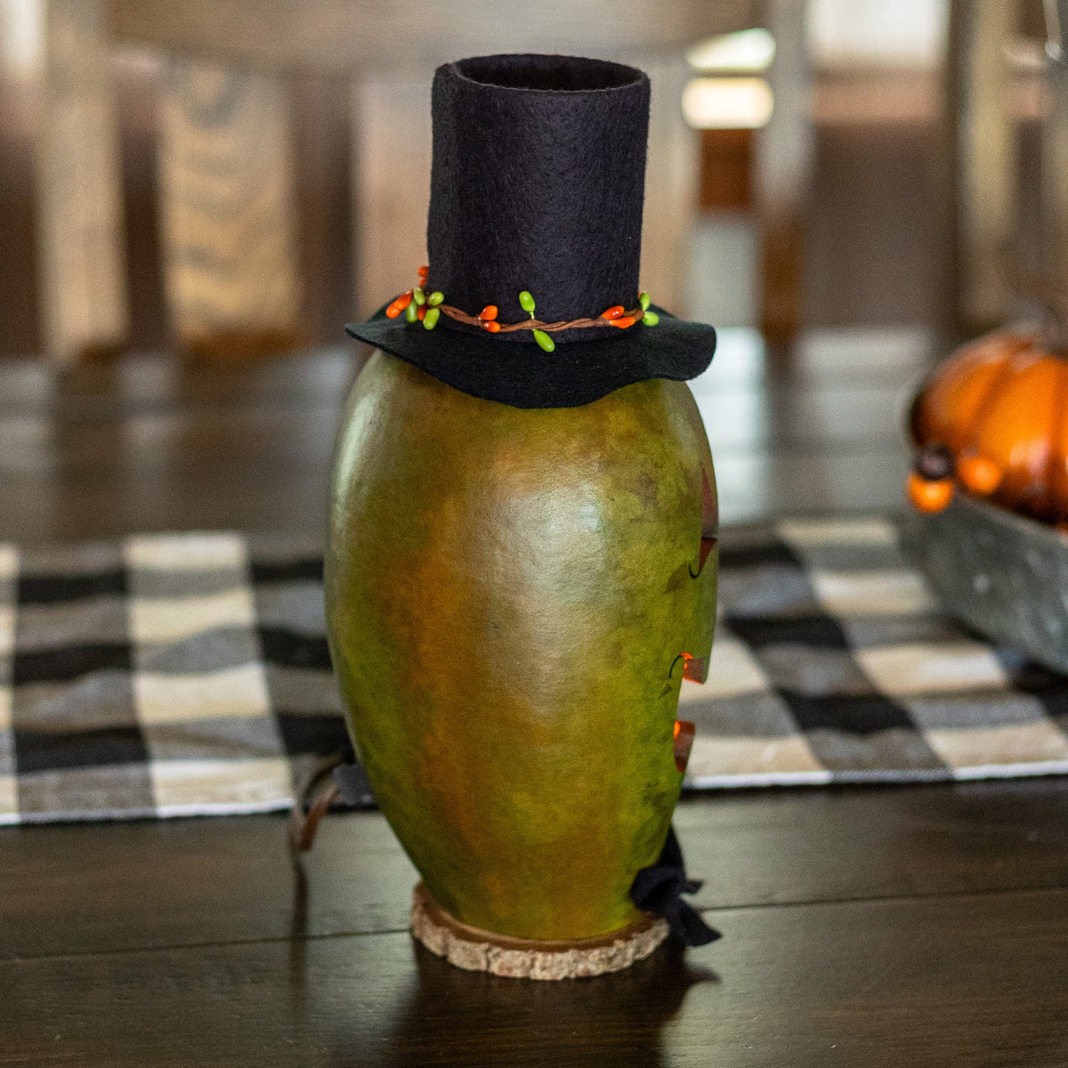 Lucas Green Small Tall Lit Jack-O-Lantern side view at Meadowbrooke Gourds.
