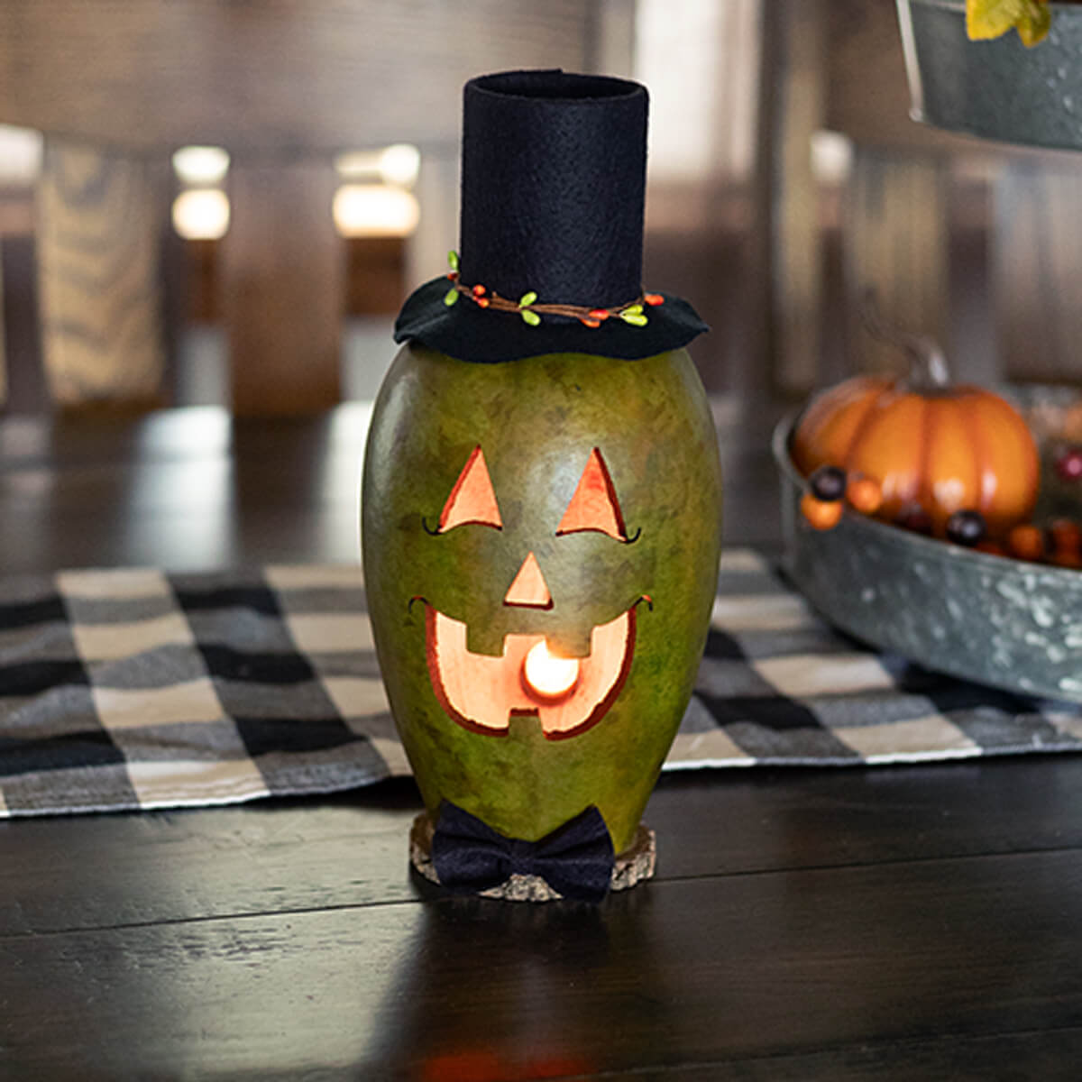 Lucas Green Small Tall Lit Jack-O-Lantern Gourd at Meadowbrooke Gourds.