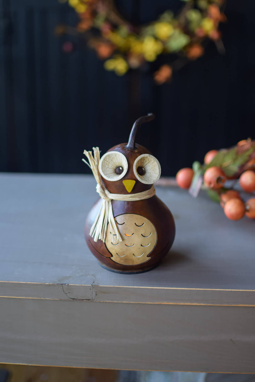 Brown Professor Owl gourd at Meadowbrooke Gourds