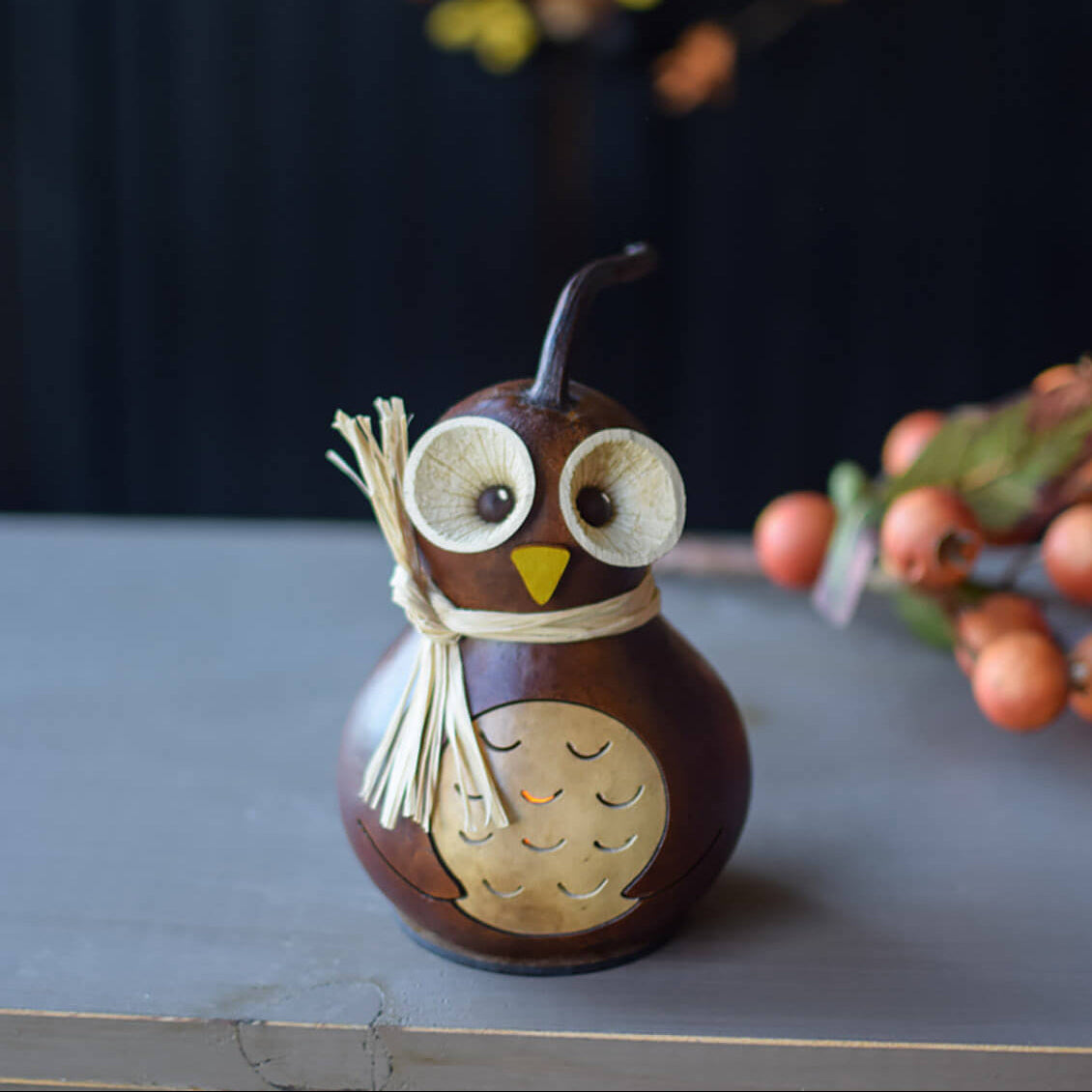 Brown Professor Owl gourd at Meadowbrooke Gourds