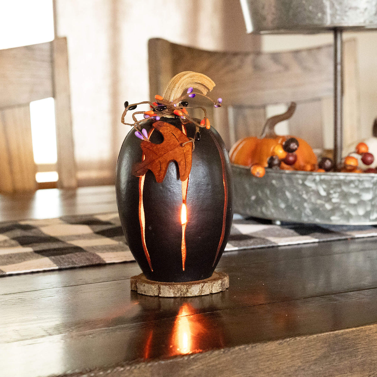 Pumpkin Luminary Small Tall Lit Black Gourd at Meadowbrooke Gourds. 