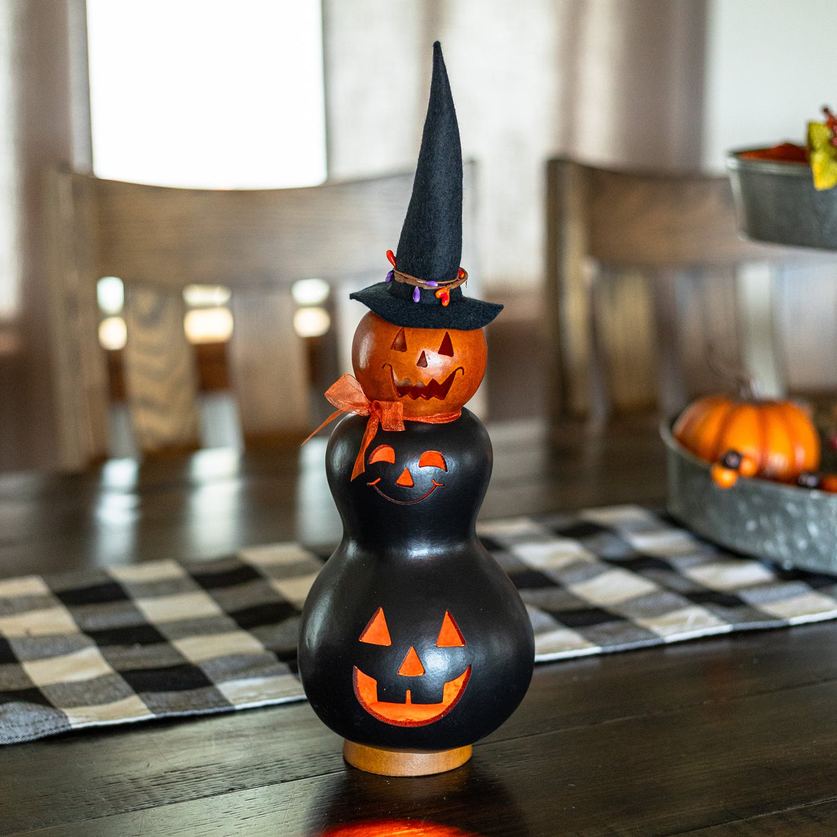 Reba  - Black and Orange Small Tall Lit Witch