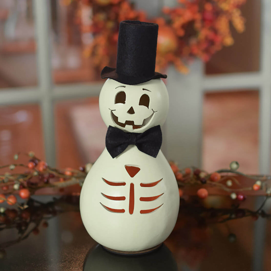 White Skully the skeleton gourd at Meadowbrooke Gourds