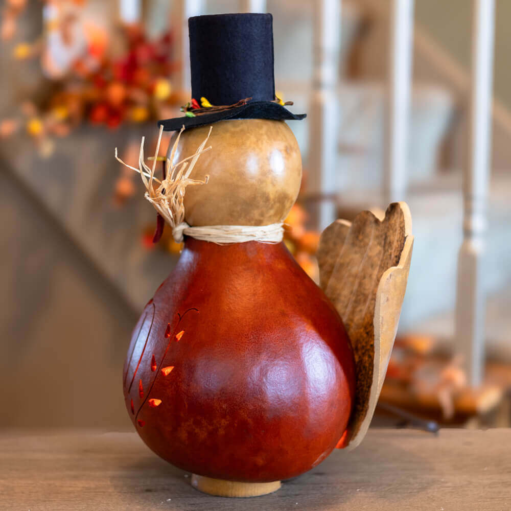 Theodore Large Lit Turkey Gourd Side View at Meadowbrooke Gourds. 