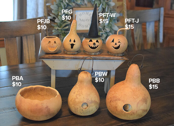 Samples of gourd creations for a class at Meadowbrooke Gourds