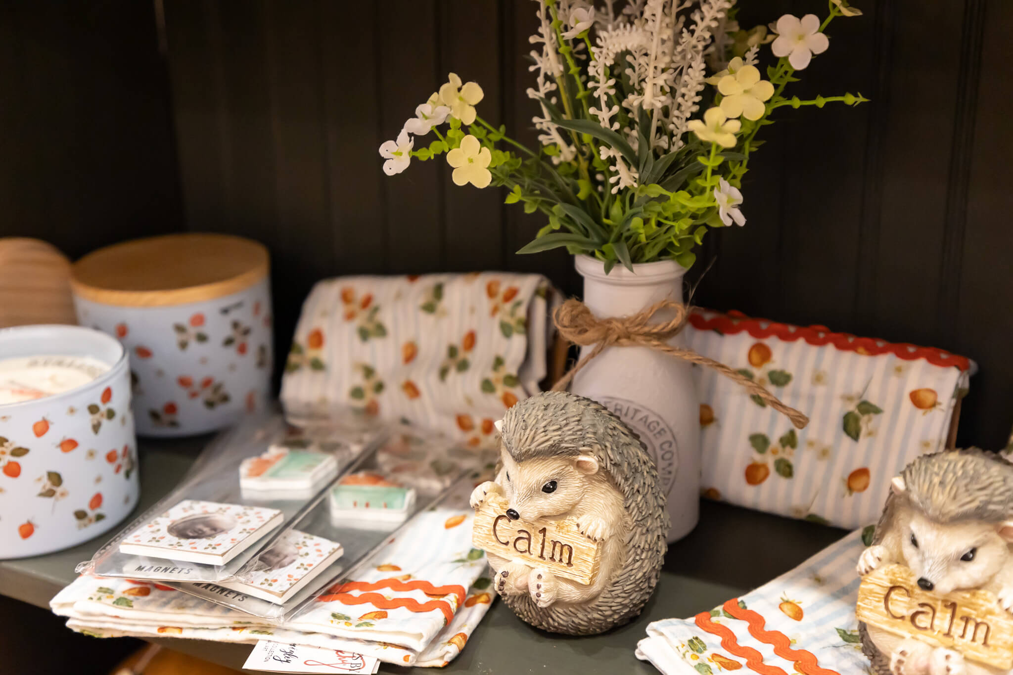 Strawberry and hedgehog decor at Meadowbrooke Gourds