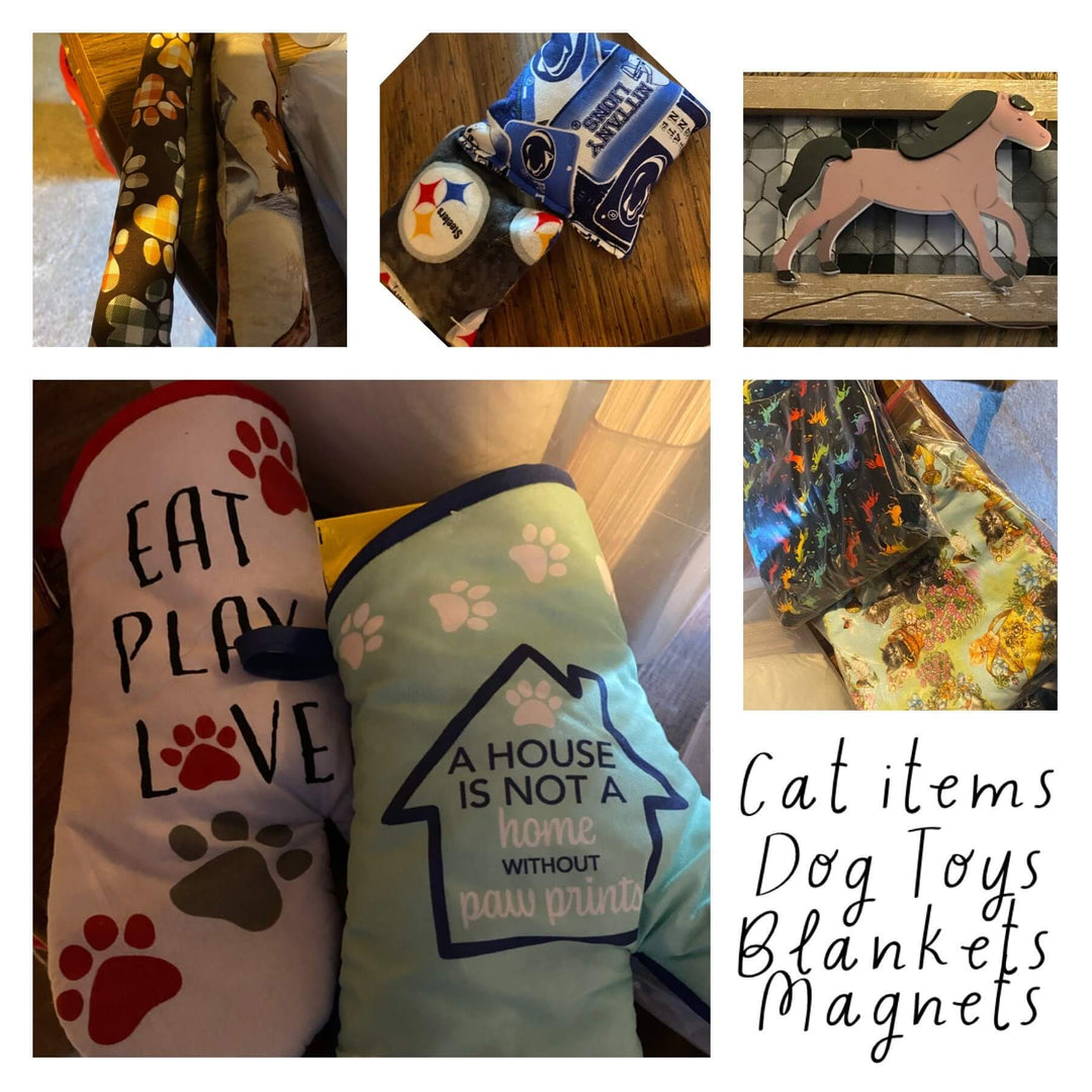 Five photos containing oven mitts, wrapping paper koozies, wooden horse and material.