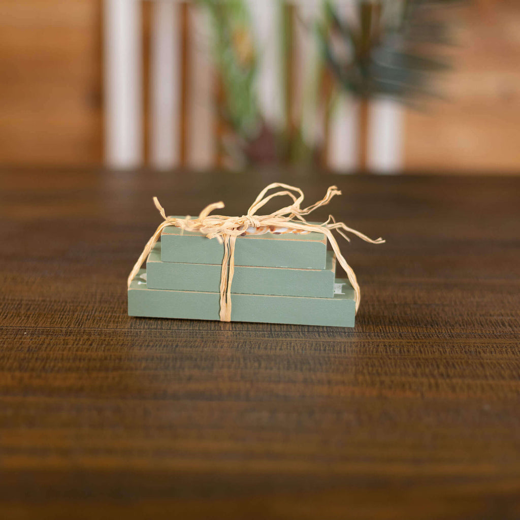 Mystery boo bag fall decor, stack of three decorative sage green, small signs.