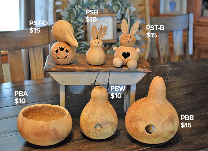 Samples of gourd creations for a class at Meadowbrooke Gourds