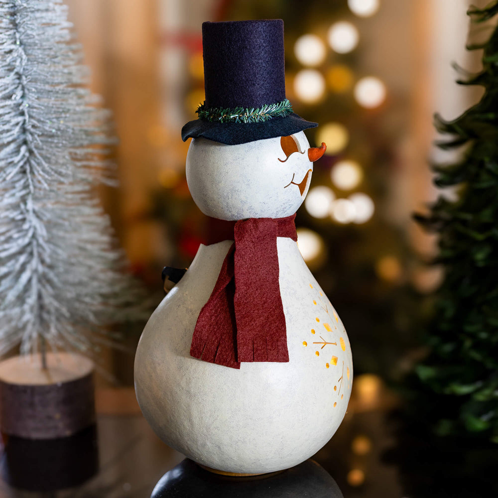 Blizzard Large Lit Snowman Gourd -Side View at Meadowbrooke Gourds. 
