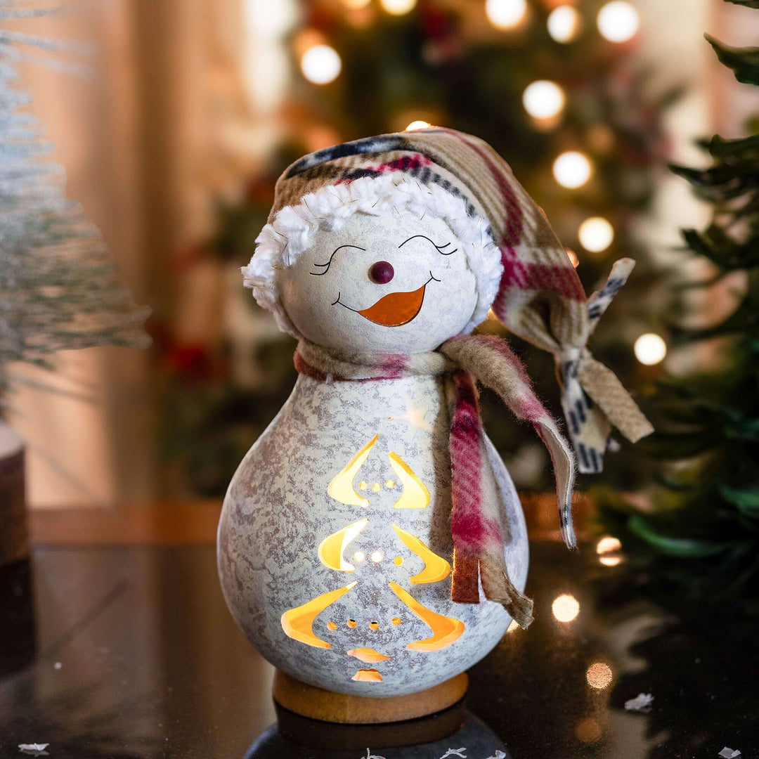 Blizzard Snow Lady Gourd Luminary Artisan Winter Decor with hand-crafted cut out and accessories