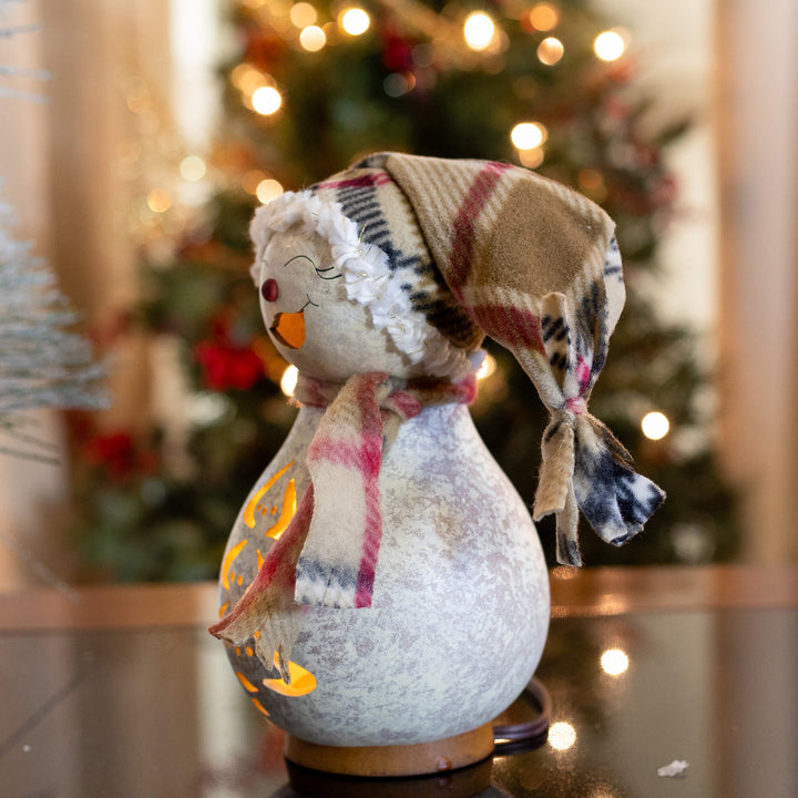 Blizzard Snow Lady Gourd Luminary - Side View showing details on hand-made scarf and hat details