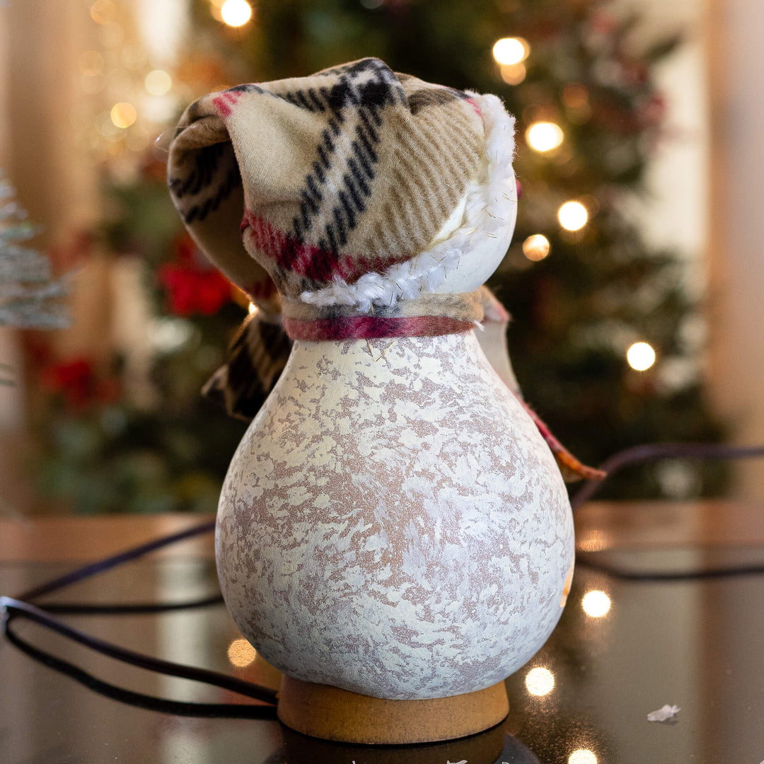 Blizzard Snow Lady Gourd Luminary - Side View showing details on hand-made scarf and hat details