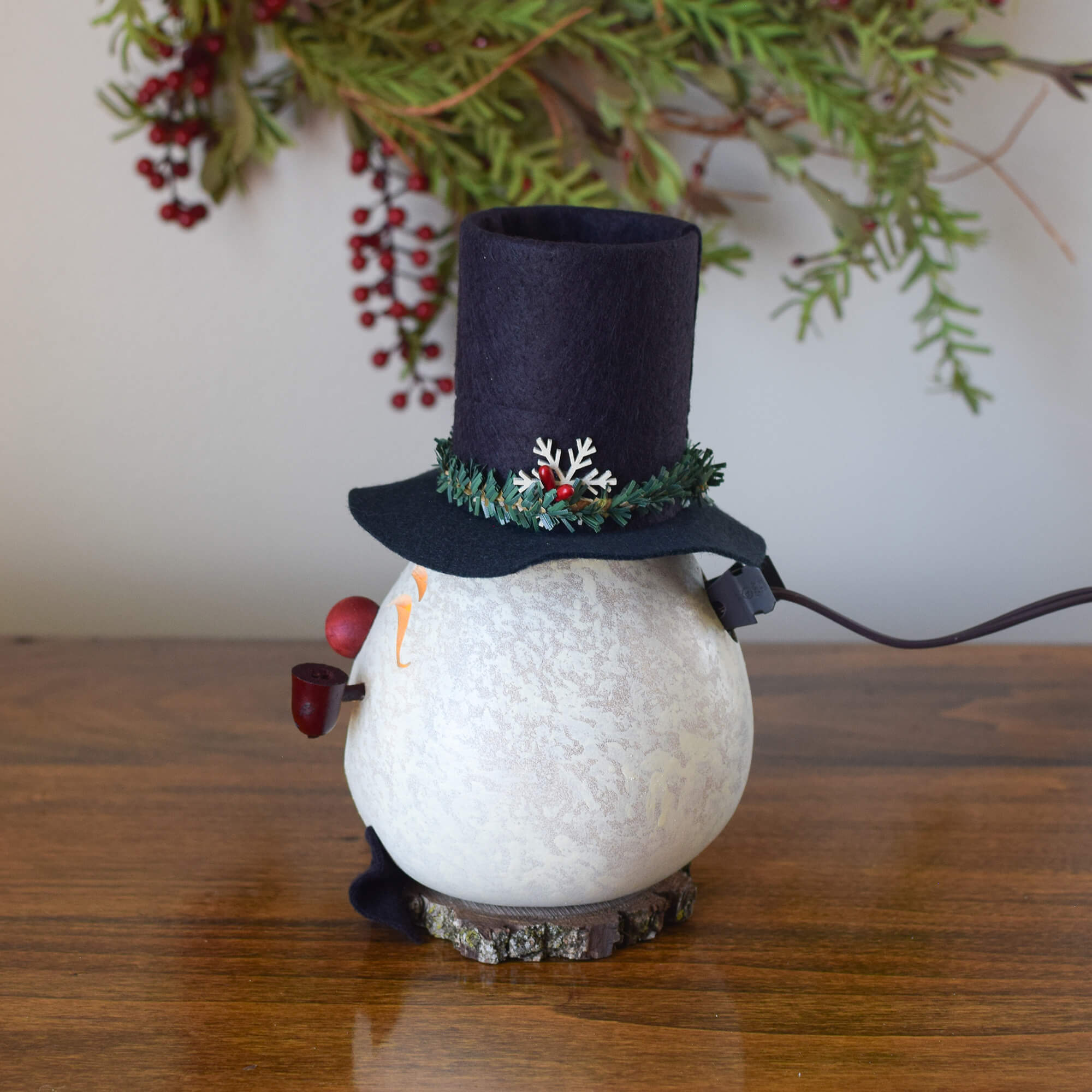 Clyde Small Lit Snowman Gourd - Side View at Meadowbrooke Gourds. 