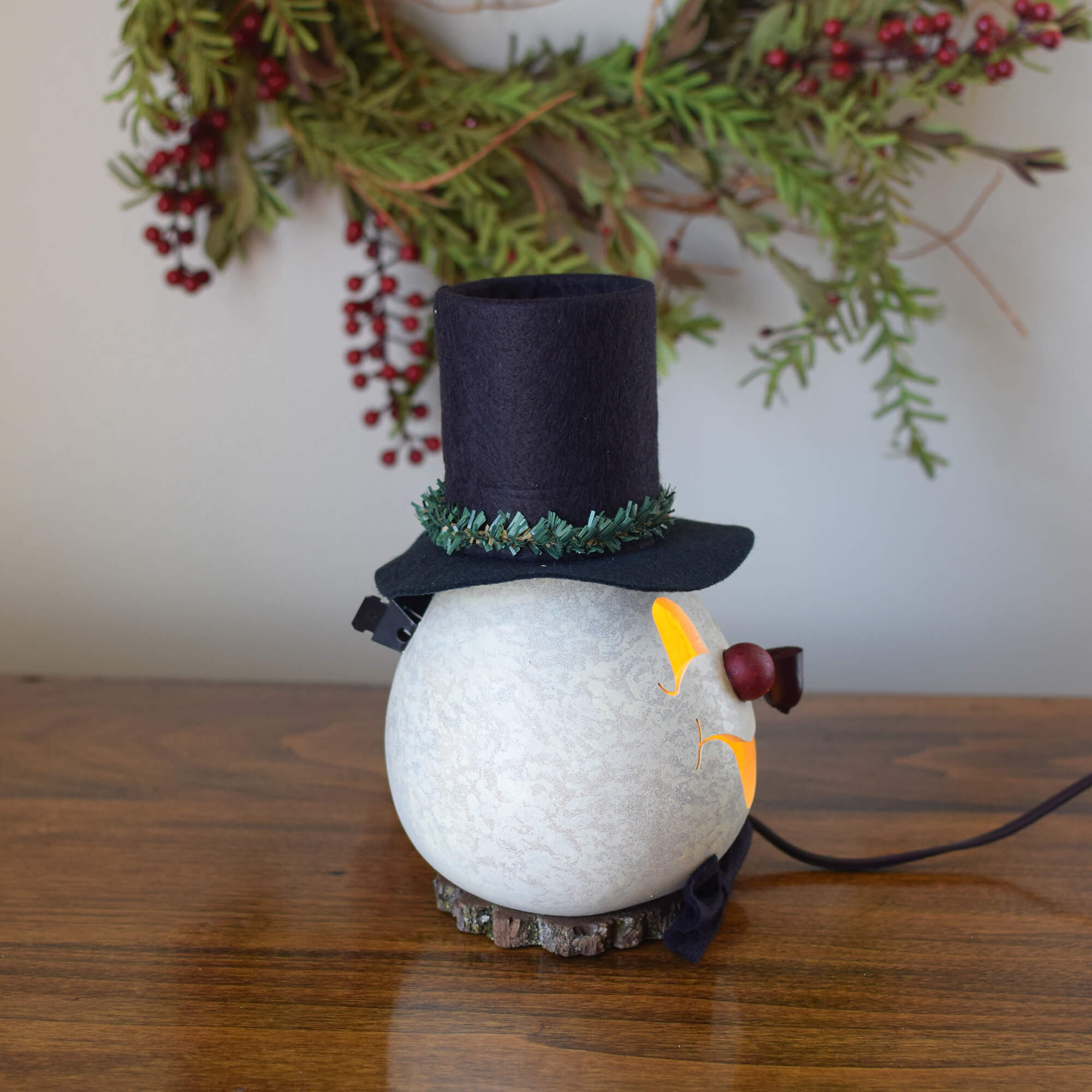 Clyde Small Lit Snowman Gourd - Side View at Meadowbrooke Gourds. 