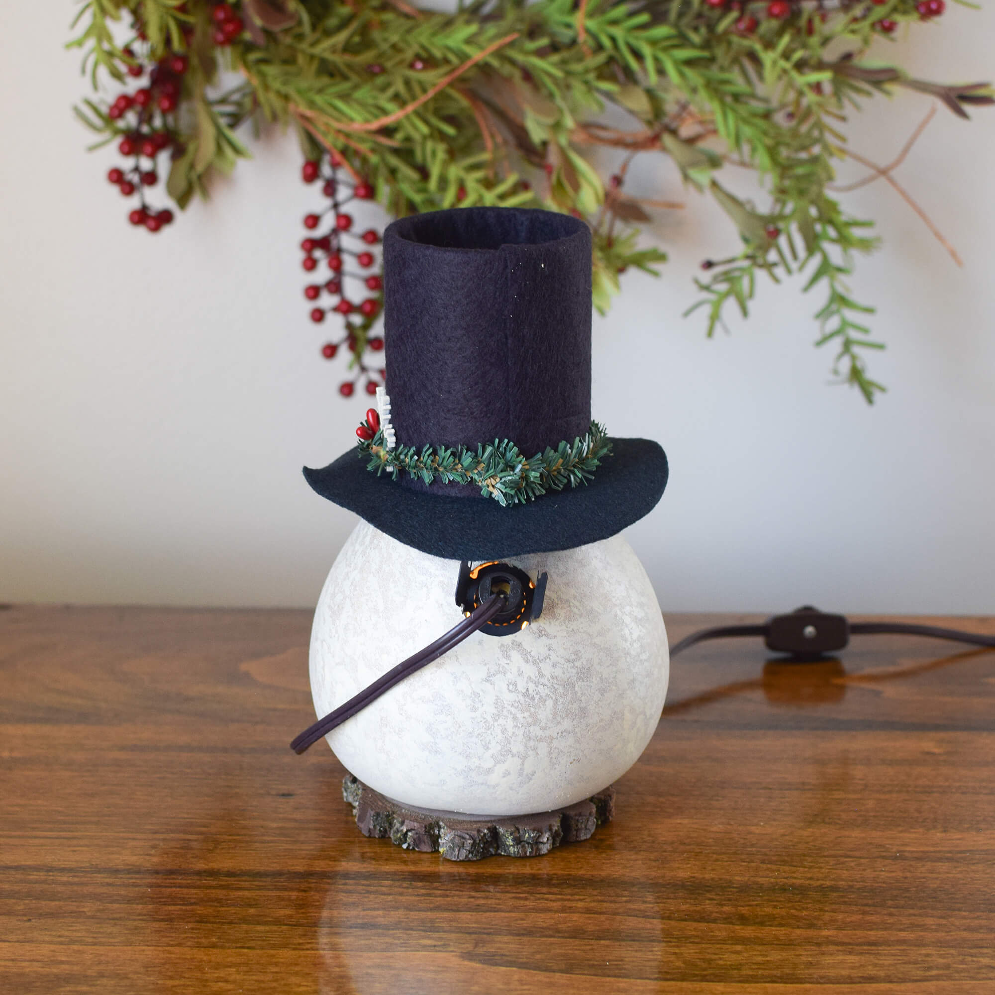 Clyde Small Lit Snowman Gourd - Back View at Meadowbrooke Gourds. 