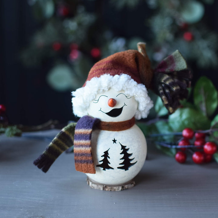 Tiny Everleigh snow girl with a winter scarf and hat, perfect for winter decor, made by Meadowbrooke Gourds