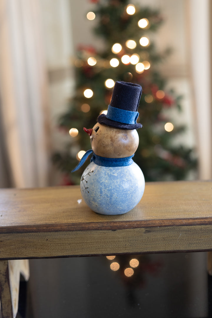 Gabriel Blue Snowman Gourd Side View at Meadowbrooke Gourds. 